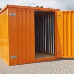 Materialcontainer MC4 lackiert RAL 2011 Tieforange H 2090 x B 2142 x T 3882 mm Tür stirnseitig zweiflügelig