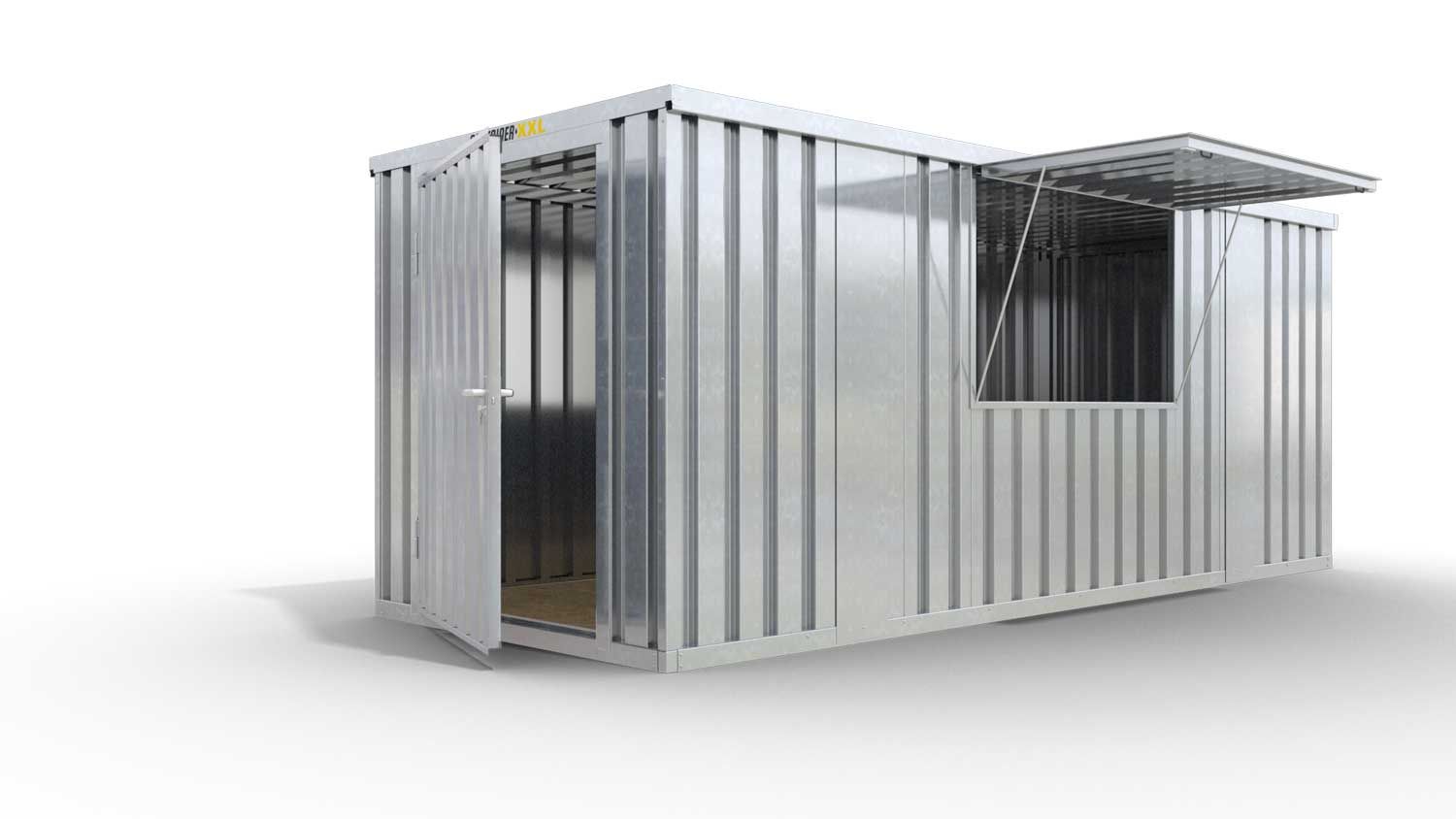 verkaufscontainer-barcontainer-5m-mittig-verzinkt-tuer-seite-01-0001.jpg Verkaufscontainer - Barcontainer mit Verkaufsklappe mittig und außermittig und Ablage, H2216 x B5055 x T2350 mm, verzinkt, zerlegt – Image 1